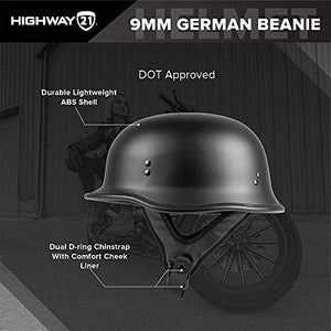 HIGHWAY 21 9-Millimeter German Beanie Helmet, Half Shell Motorcycle Gear, Black Safety Head Cover, Dual D-Ring Chinstrap