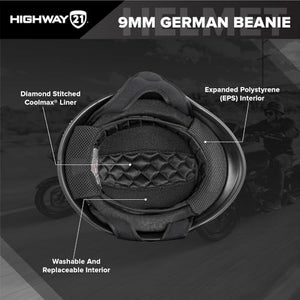 HIGHWAY 21 9-Millimeter German Beanie Helmet, Half Shell Motorcycle Gear, Black Safety Head Cover, Dual D-Ring Chinstrap