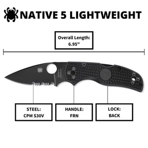 Spyderco Native 5 Signature Knife with 2.95" CPM S30V Black Steel Blade and Black FRN Handle - CombinationEdge - C41PSBBK5