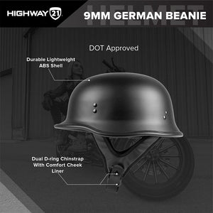 HIGHWAY 21 9-Millimeter German Beanie Helmet, Half Shell Motorcycle Gear, Black Safety Head Cover, Dual D-Ring Chinstrap