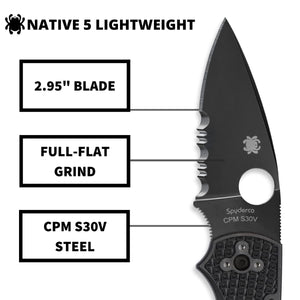 Spyderco Native 5 Signature Knife with 2.95" CPM S30V Black Steel Blade and Black FRN Handle - CombinationEdge - C41PSBBK5