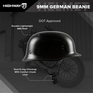 HIGHWAY 21 9-Millimeter German Beanie Helmet, Half Shell Motorcycle Gear, Black Safety Head Cover, Dual D-Ring Chinstrap