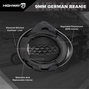 HIGHWAY 21 9-Millimeter German Beanie Helmet, Half Shell Motorcycle Gear, Black Safety Head Cover, Dual D-Ring Chinstrap